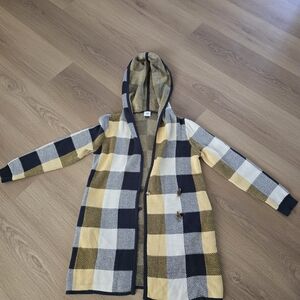 CAbi Checkered Knit Hooded Sweater in Black, White, and Yellow
